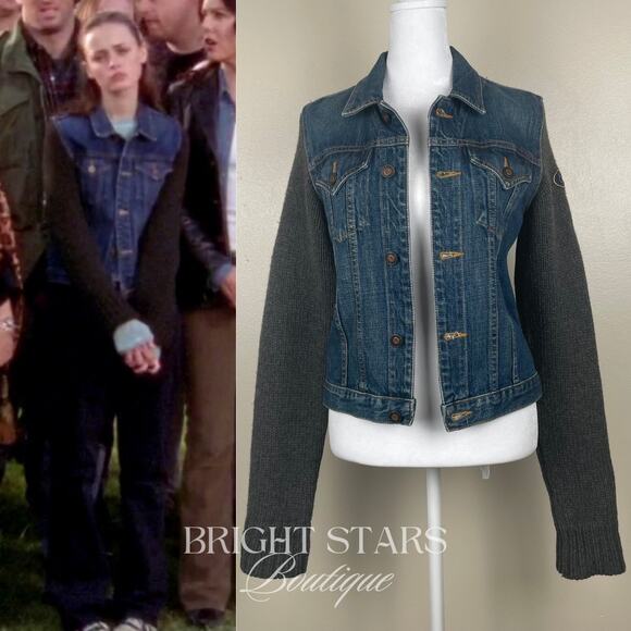 Jackets & Blazers - Rare Knit Wool Sleeve Denim Jacket ASO Rory Gilmore Girls Vintage Casual Y2K